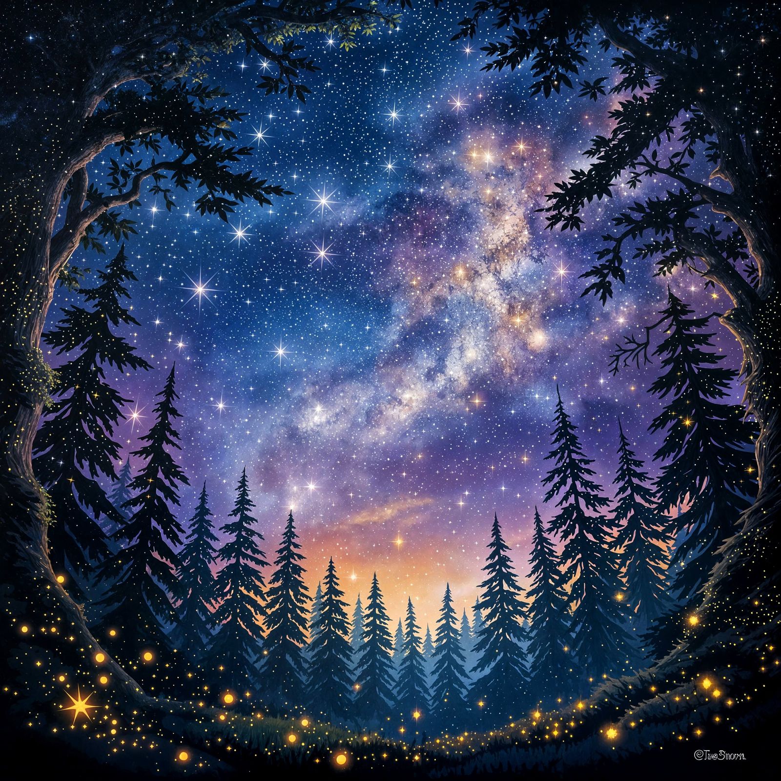 Dreamy Starry Night Sky in Enchanted Forest