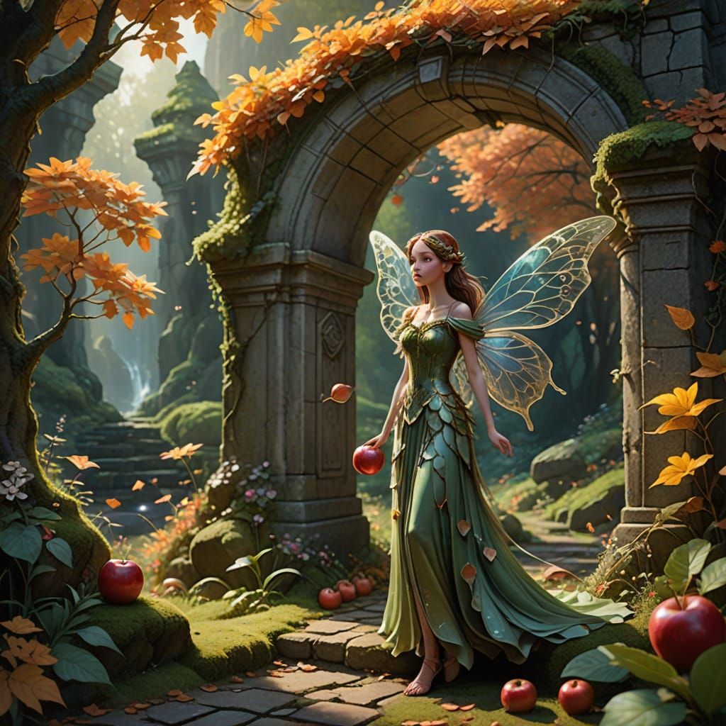 A whimsical fairy with iridescent wings and a dress made of ...