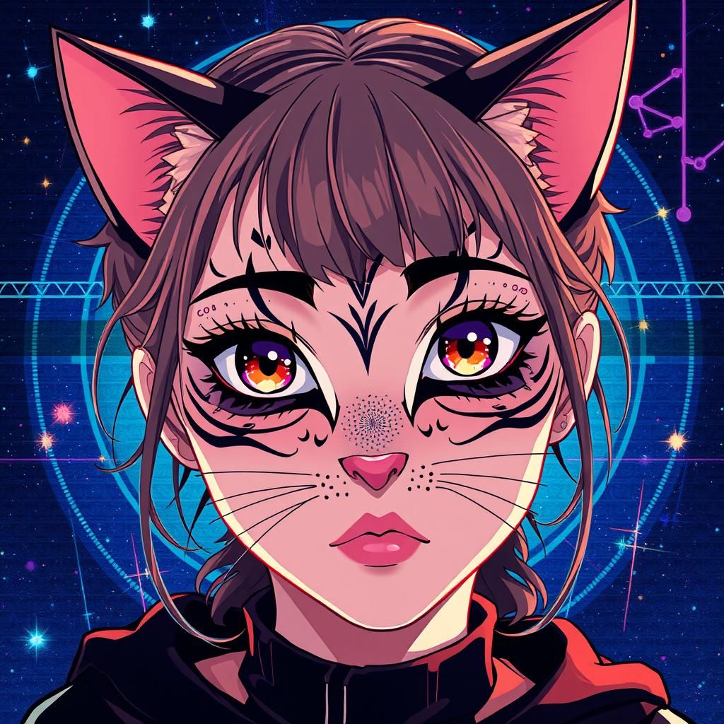 Cute Girl with Cat Face Paint in Anime Style
