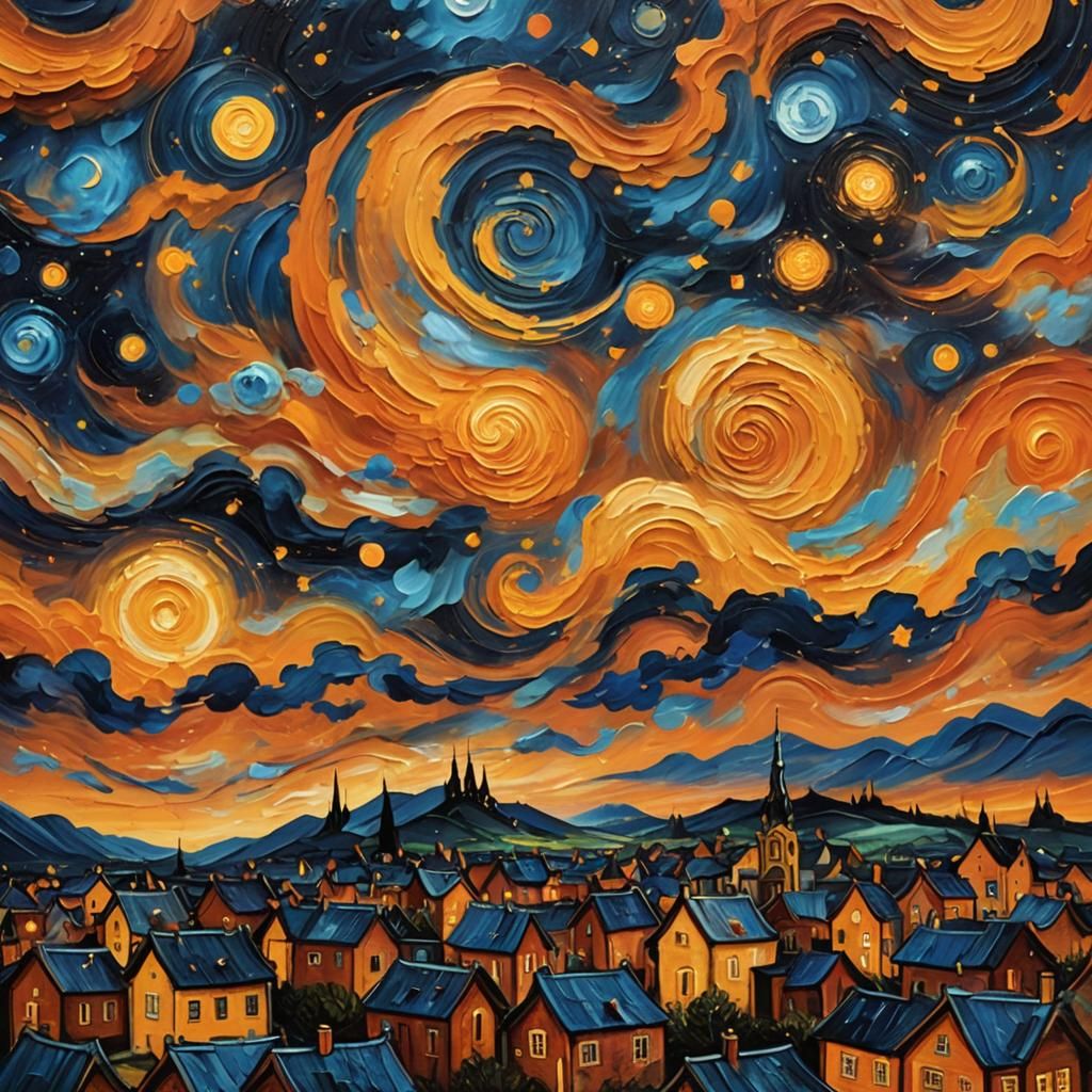 Starry Night Close-Up: Impasto Sky Over Village