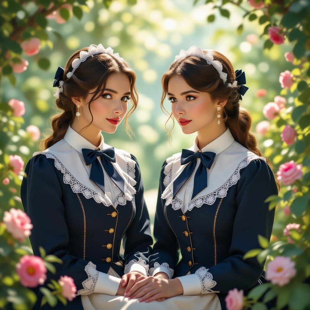 Renaissance Women in School Uniforms, Garden Setting