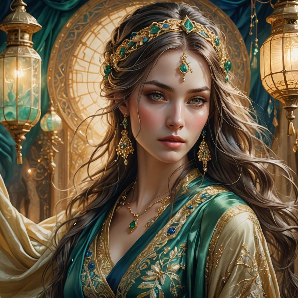 Enchanting Girl with Golden Fabric in Fantasy Portrait