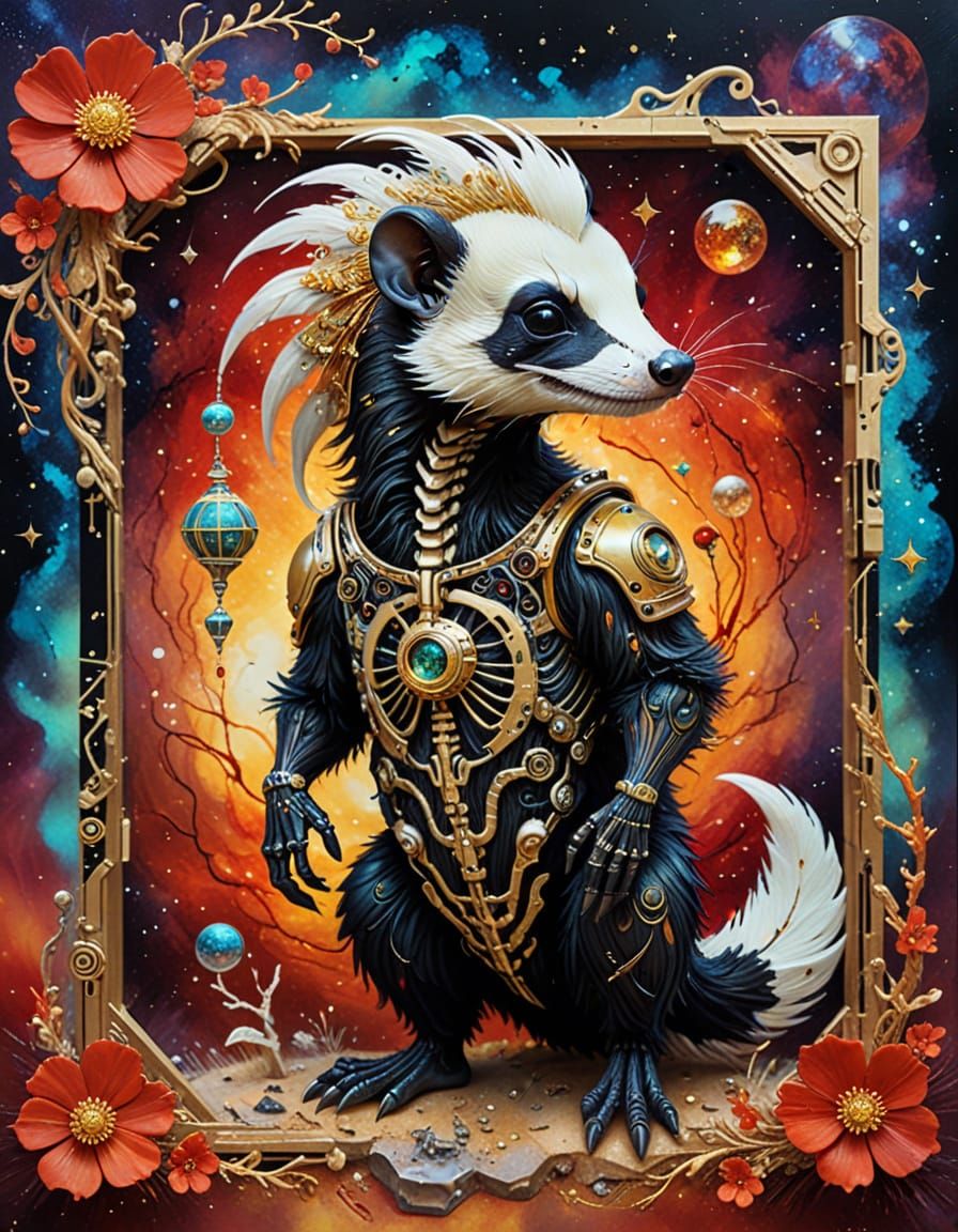 Cyberpunk Skunk Skeleton on Lunar Base in Space