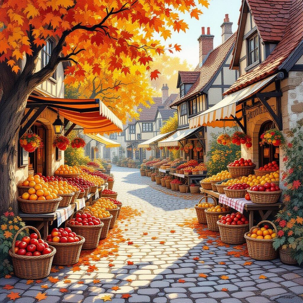 Autumn Marketplace in Warm Sunlight, Gouache Painting
