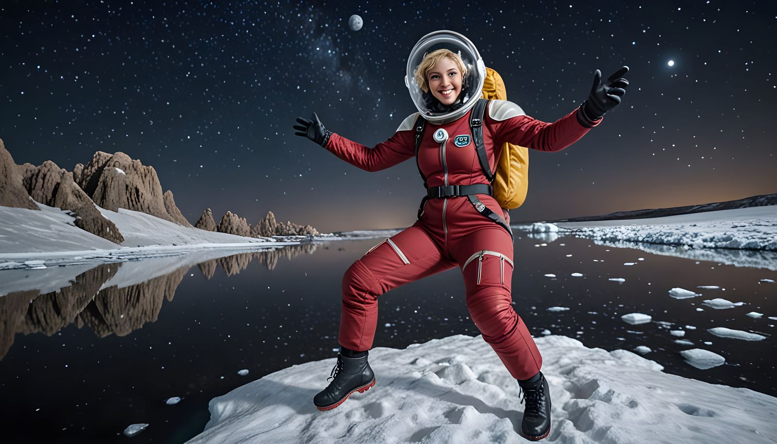 Astronaut in Burgundy Spacesuit Jumps Over Icy River on Aste...