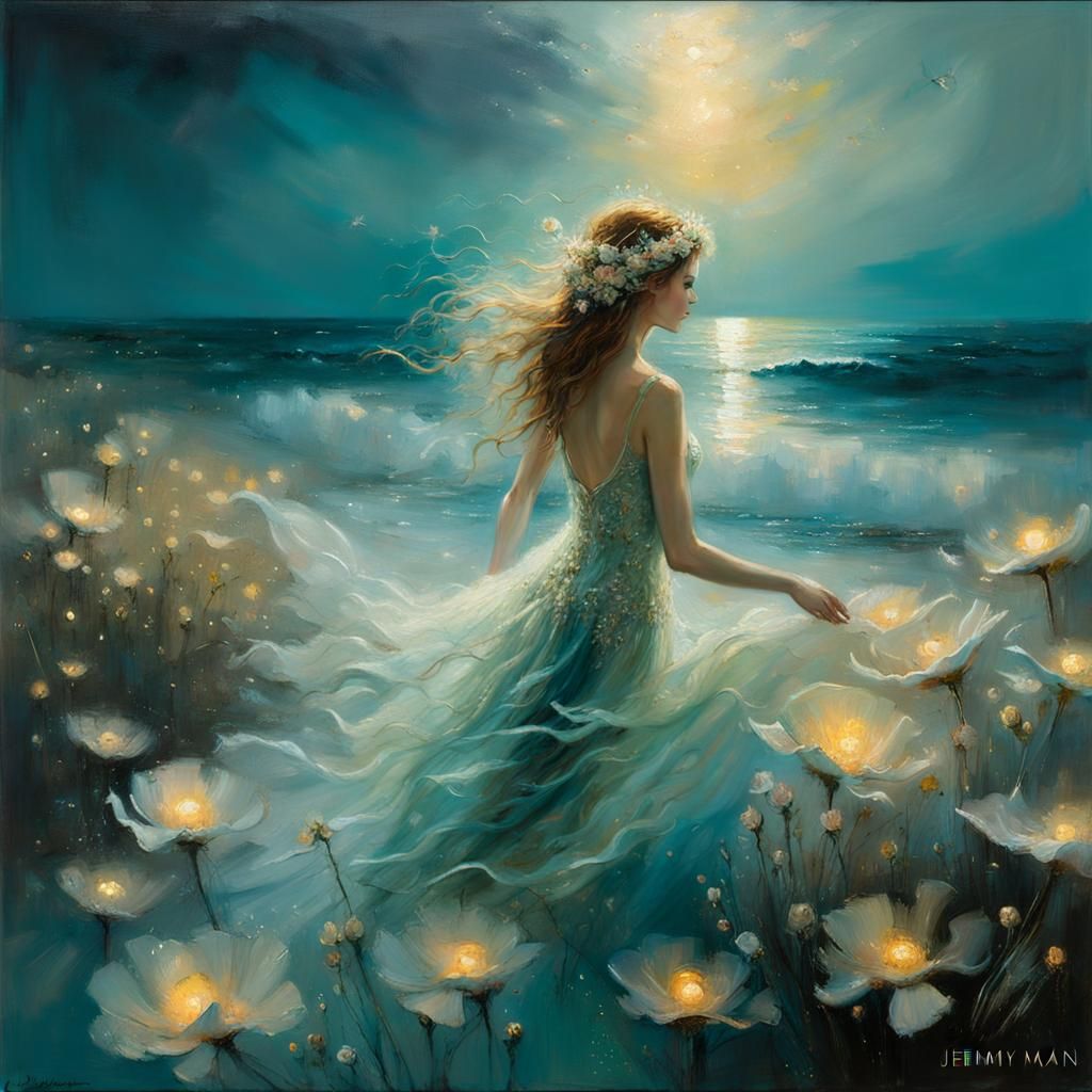 Sea Fairy Emerges at Sunrise: Oil Painting
