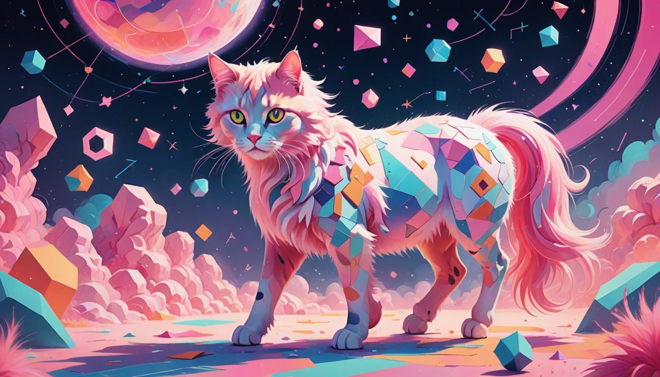 Abstract Math Cat and Pony in Digital Painting Style
