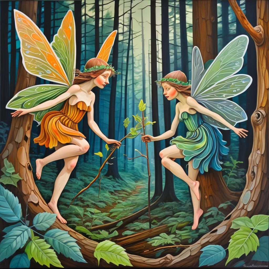 Fantastical Wood Fairies in Boreal Forest, Gouache Style