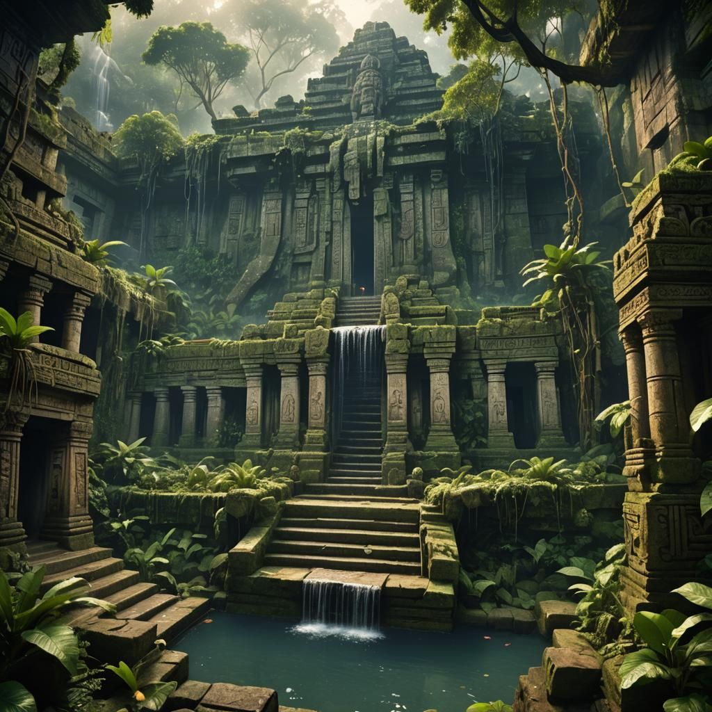 Lush Jungle Temple with Waterfall in Digital Art