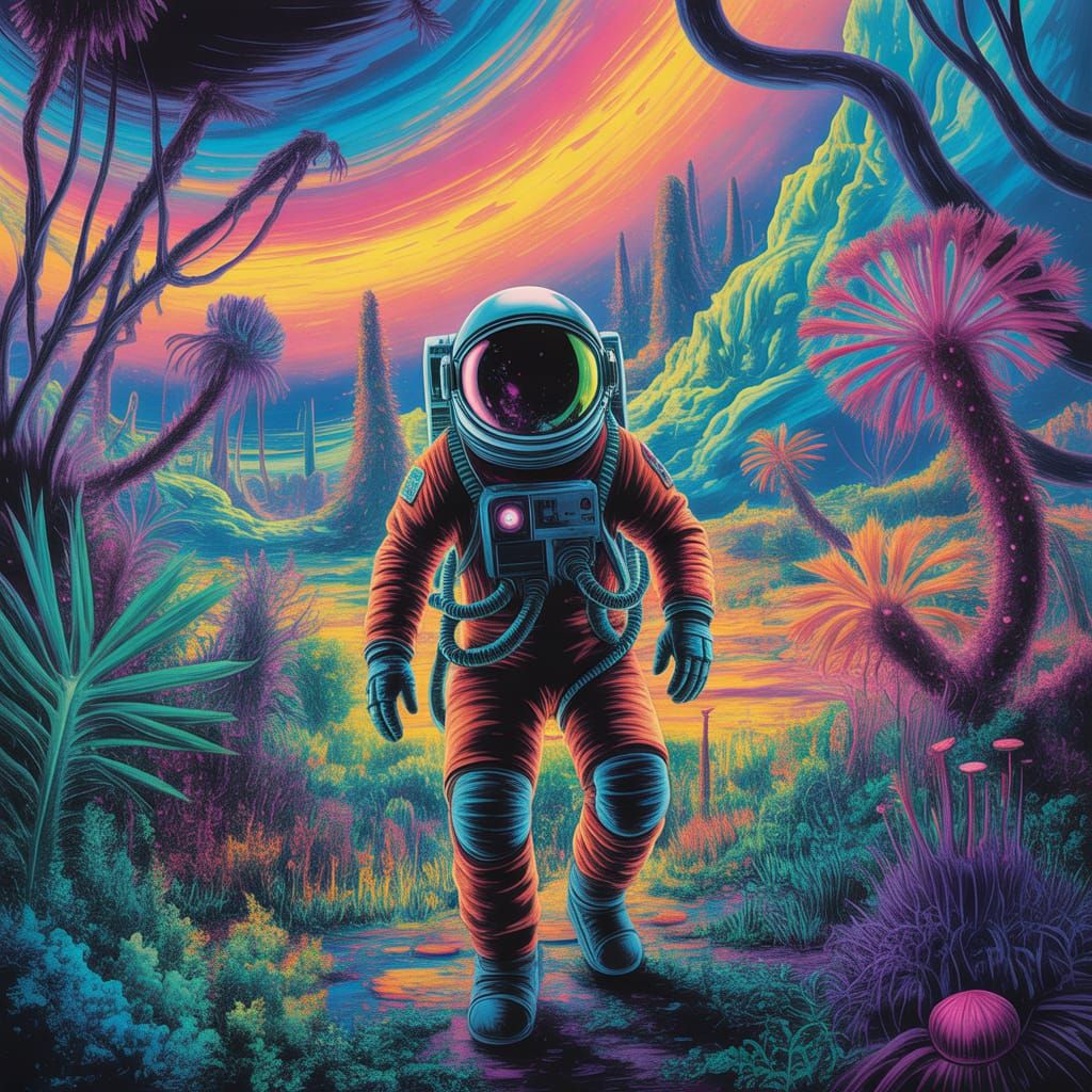 Astronaut Explores Alien Jungle in Surreal Neo-Impressionist...