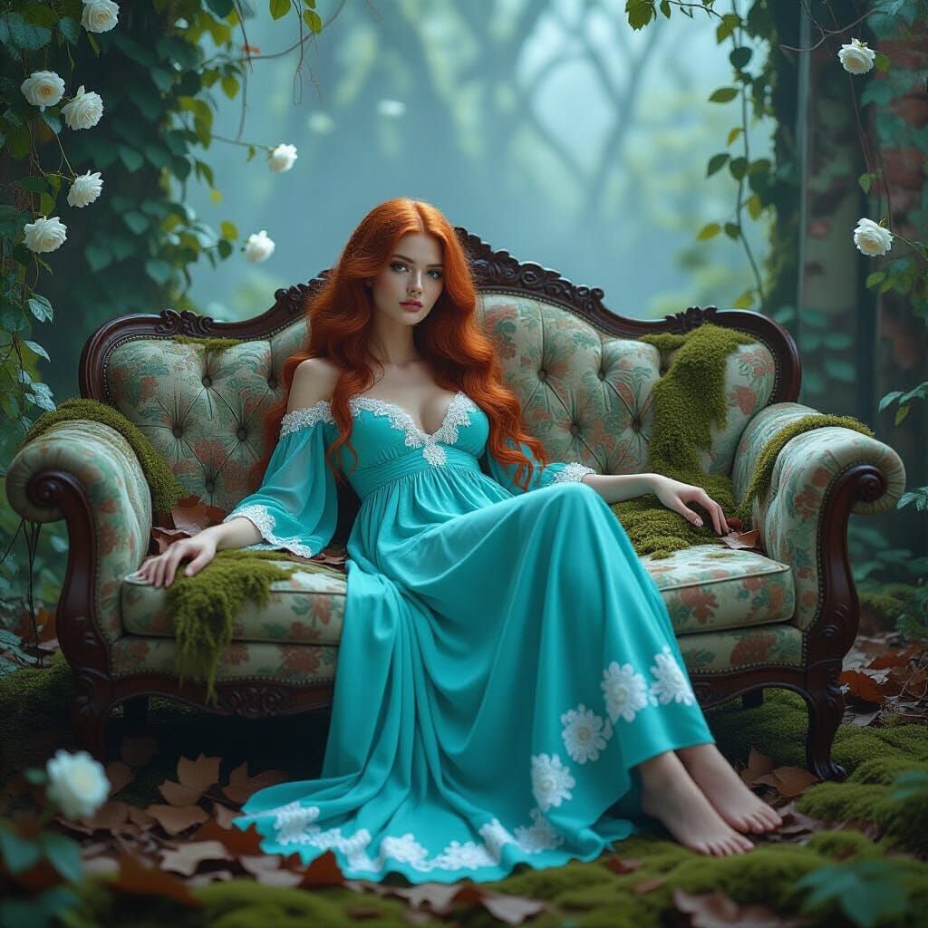 Redhead Woman in Mystical Abandoned Environment