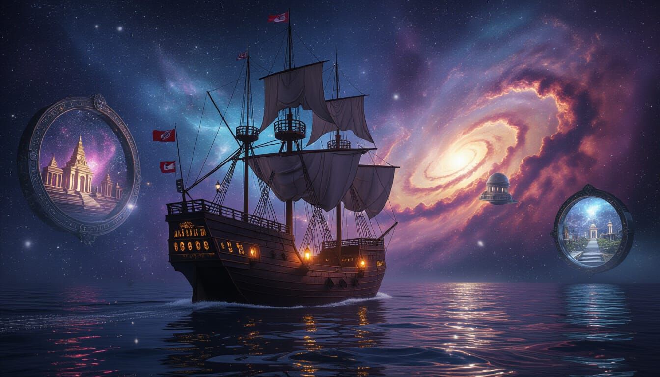 Majestic Sailing Ship in Cosmic Sea