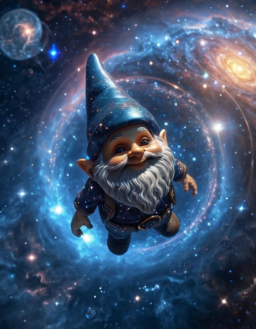 Gnome Floating in Galaxy Nebula: Digital Art