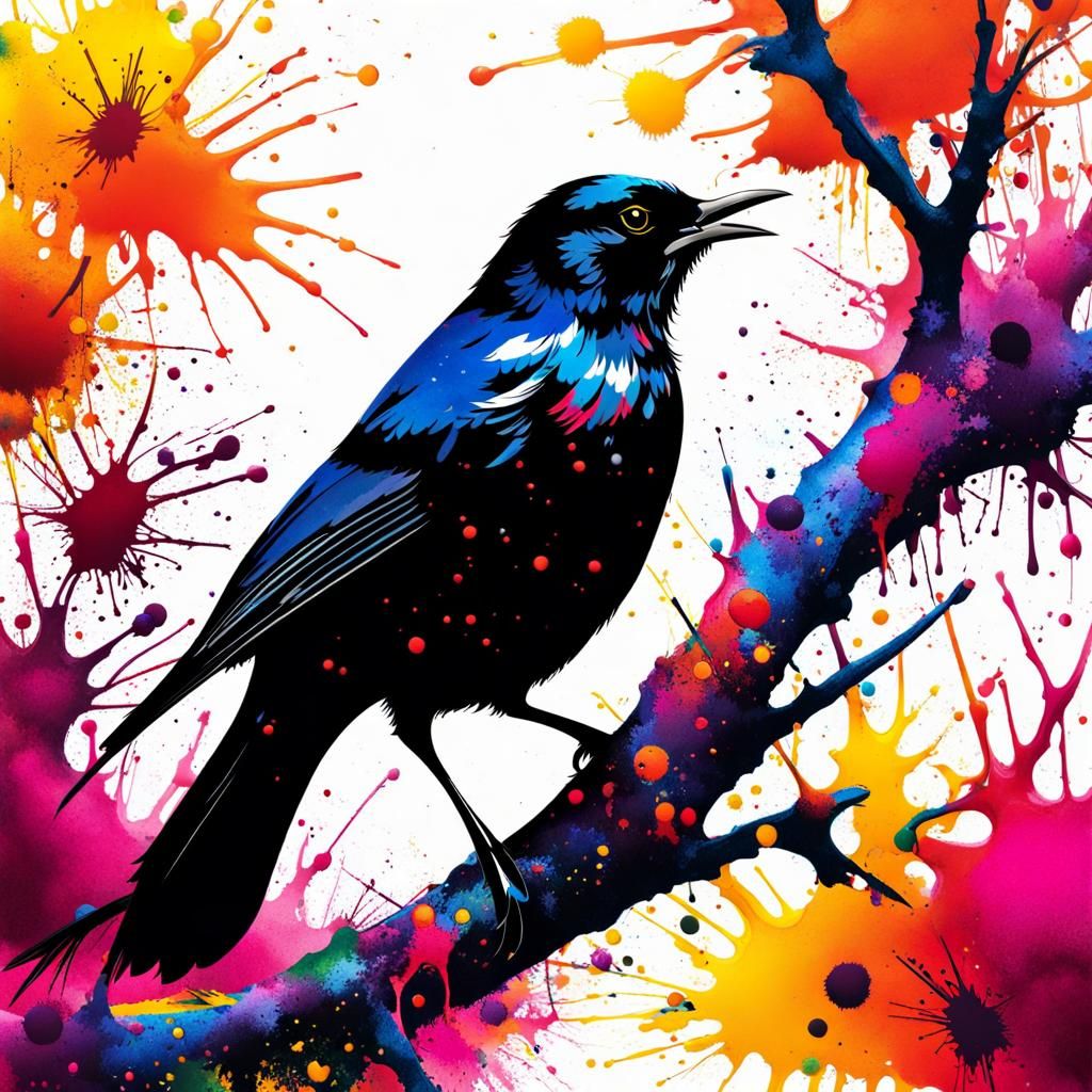 Blackbird on Yew Twigs in Splash Art Style