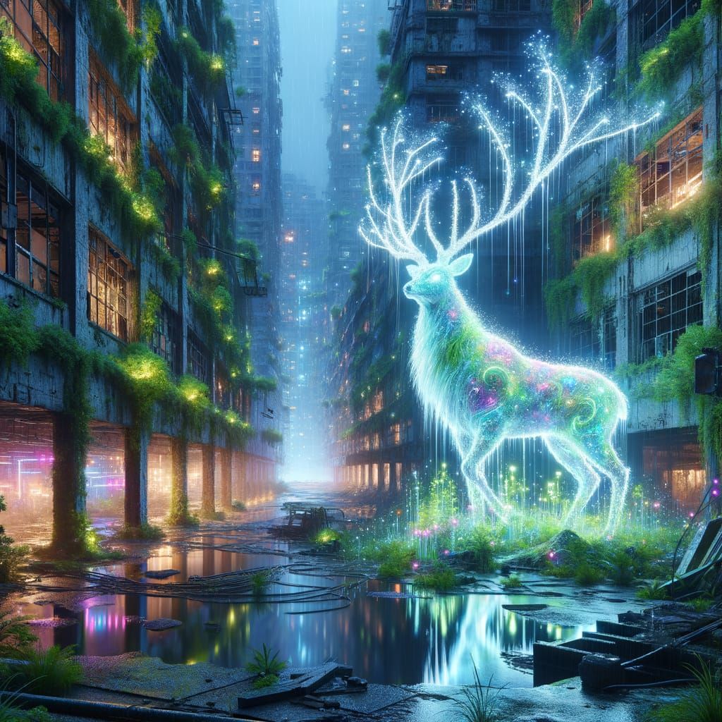 Bioluminescent Stag Radiates Light in Decayed City