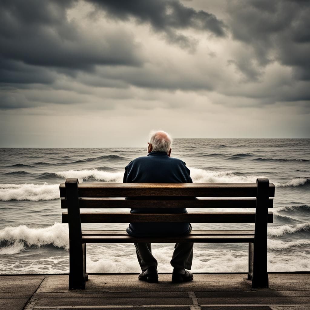 Hyperrealistic Old Man Contemplates Sea on Bench