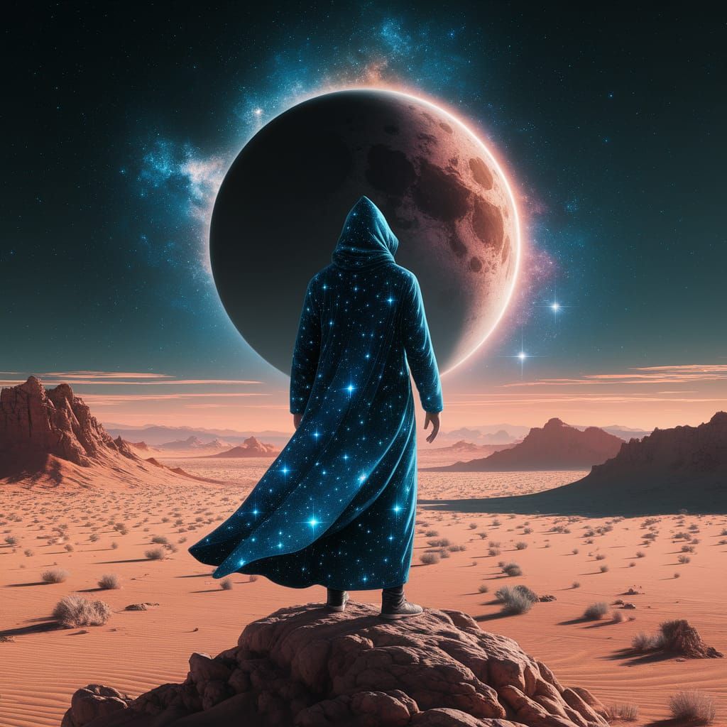 Cosmic Desert Figure in Astral Holographic Style
