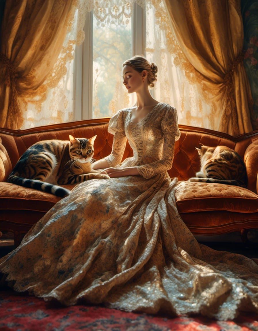 Victorian Woman Petting Bengal Cat as Impressionist Oil Pain...
