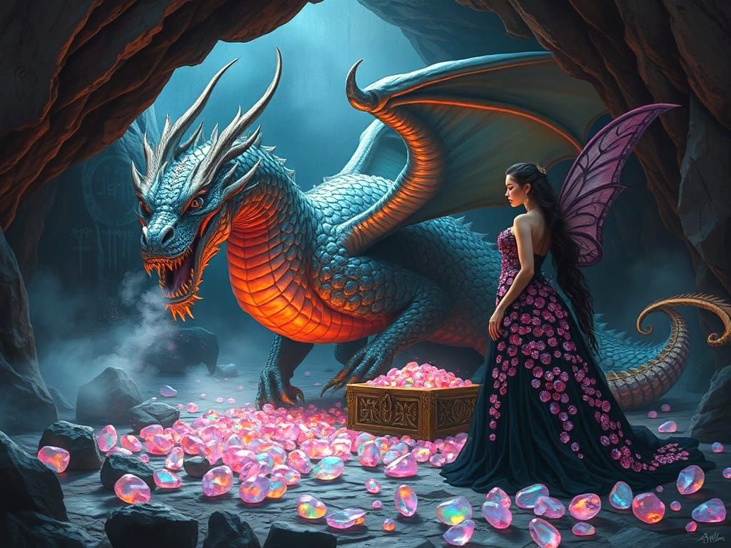Dragon and Fairy Guarding Opal Treasure