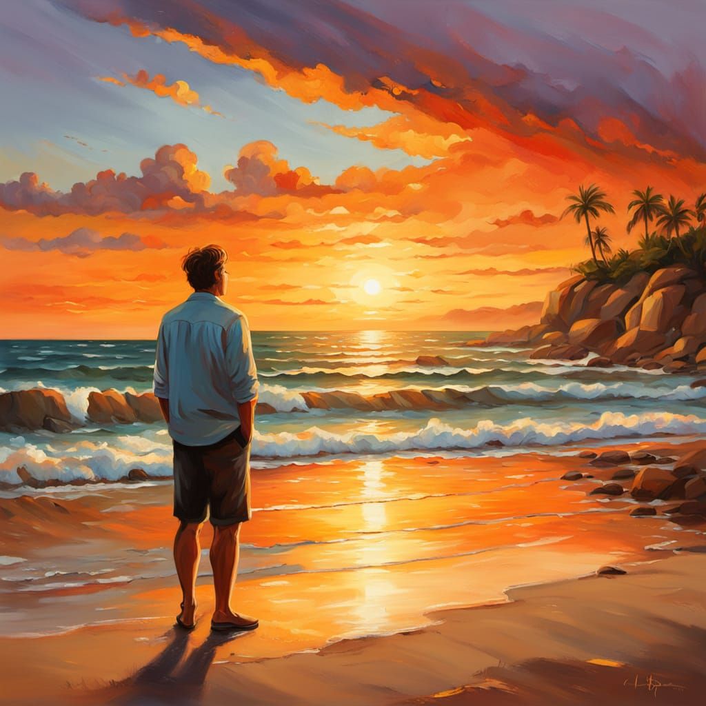 Man Watches Sunset on Beach as Oil Painting