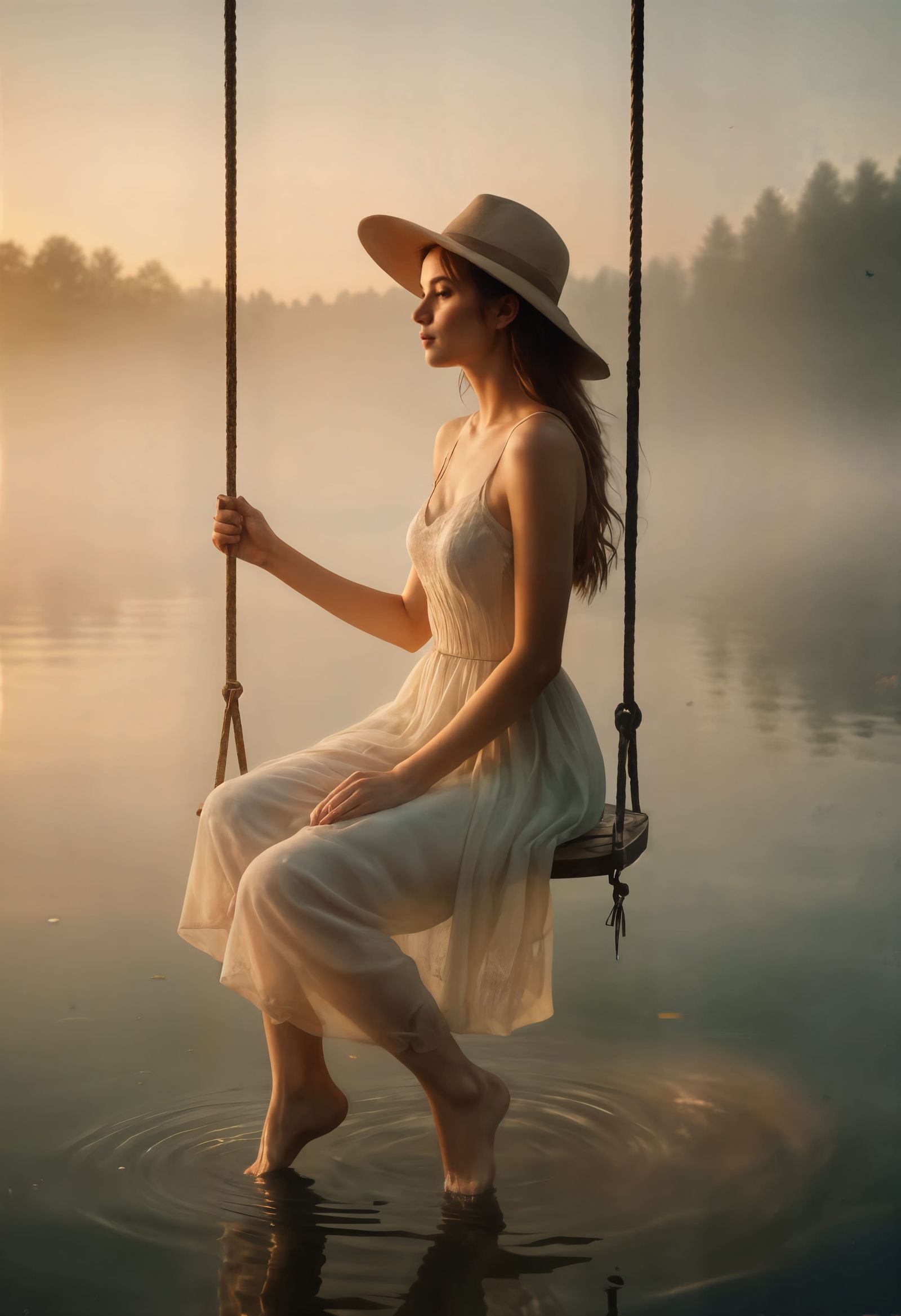 Woman on Floating Swing in Misty Lake at Dawn