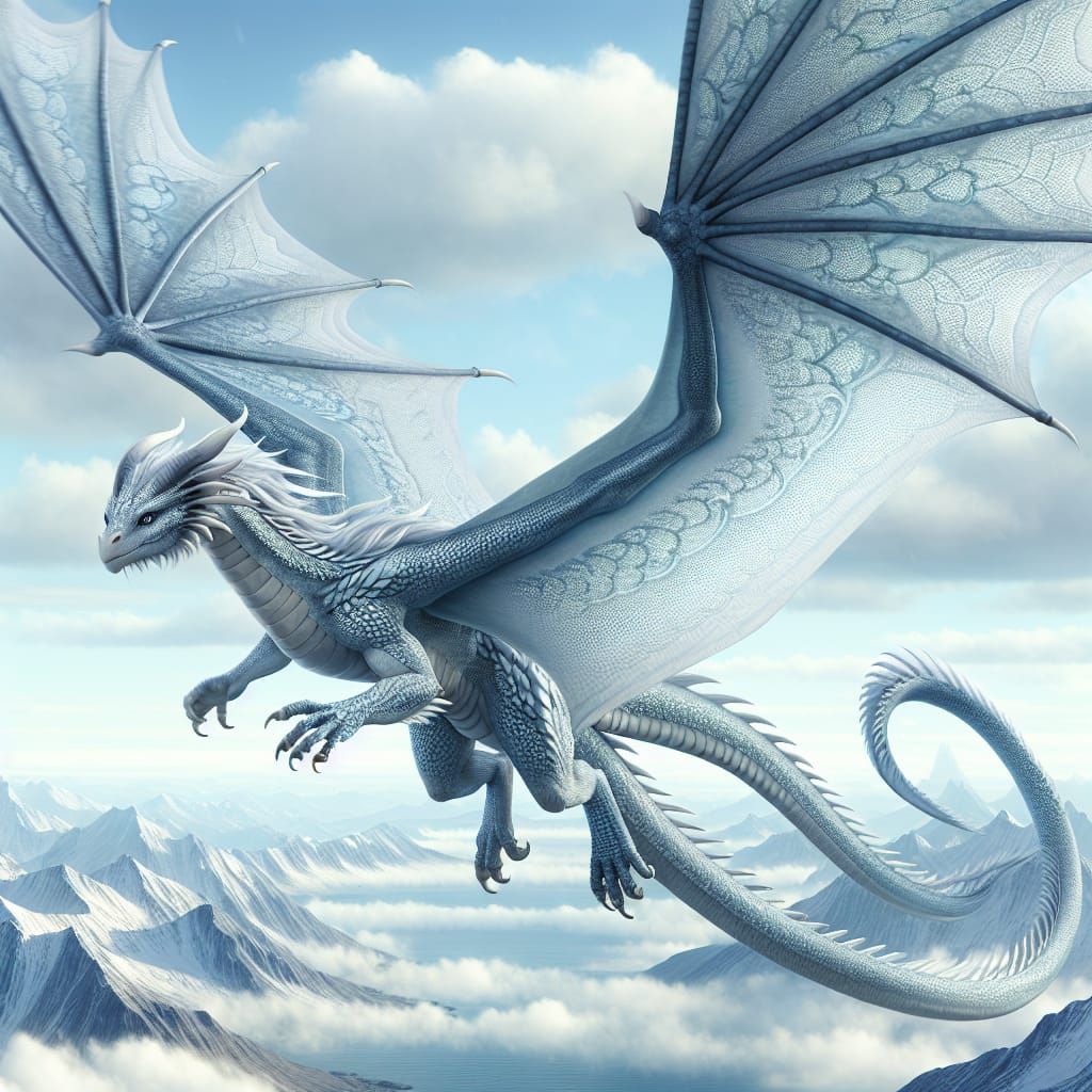 Pale Blue Dragon with Silver Markings Flying