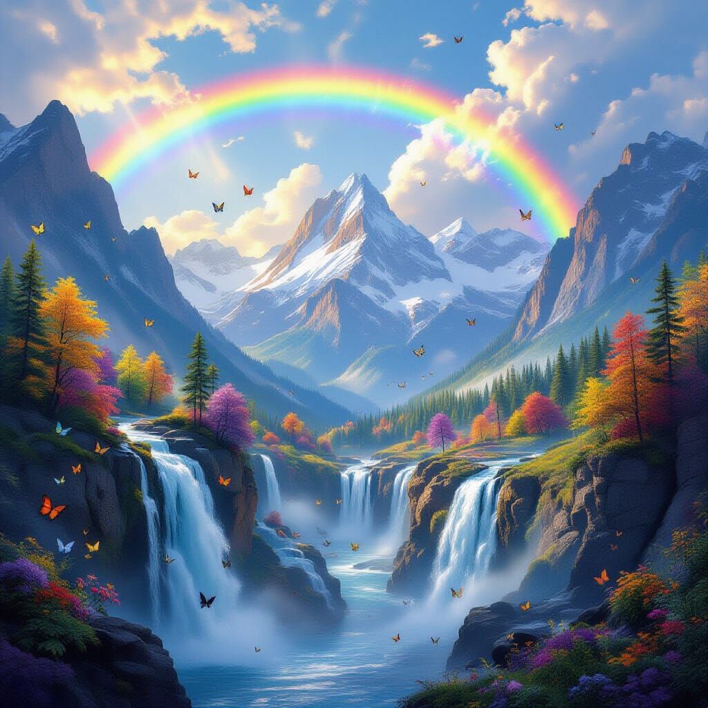 Majestic Mountain Landscape with Rainbow Waterfalls