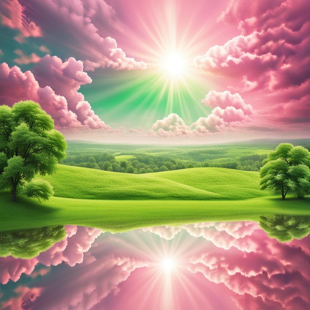 Pink Sky Over Green Landscape in Soft Focus