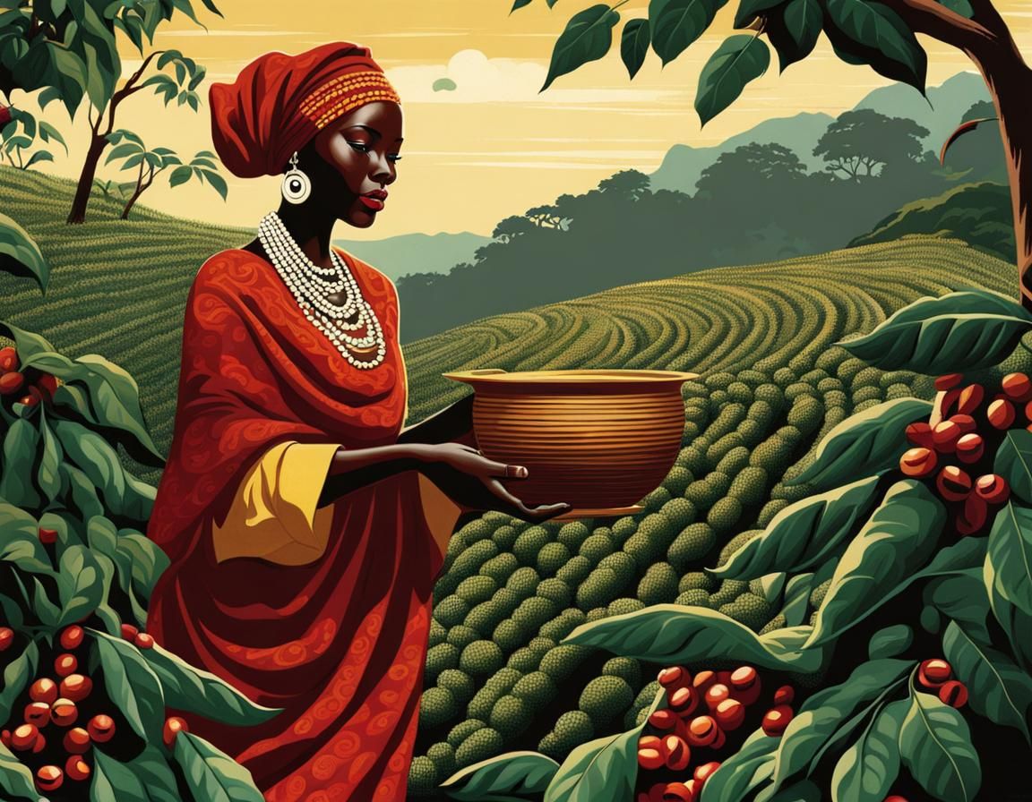 Kenyan Woman Harvesting Coffee Beans in Symbolic Style