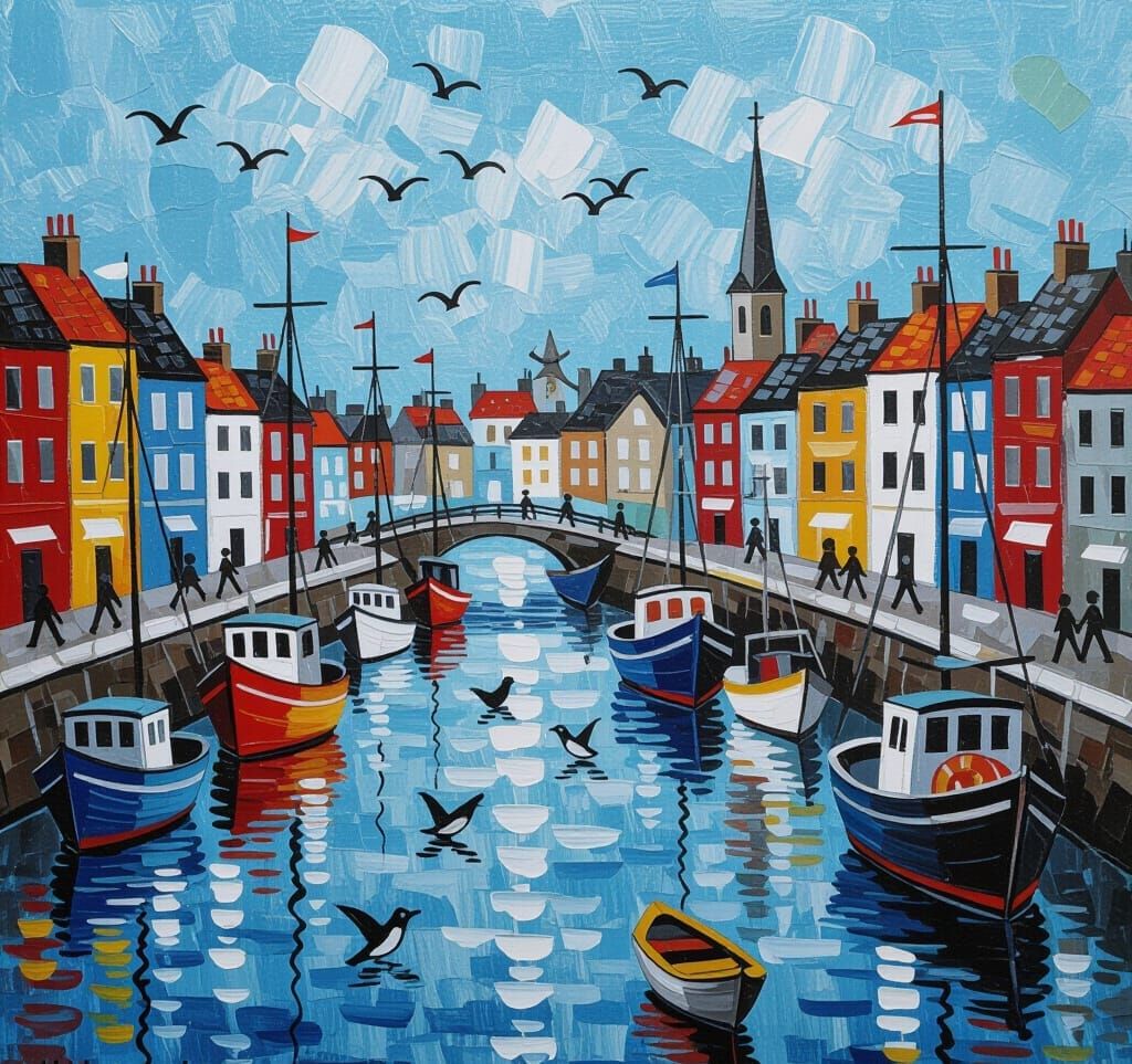 Busy Harbour Scene in Lowry Style