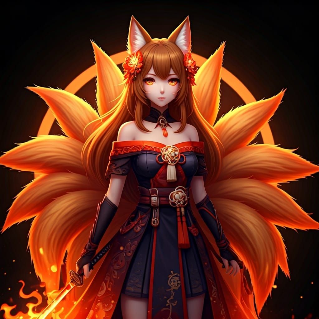 Anime Fox Girl with Fire Katana in 3D Style