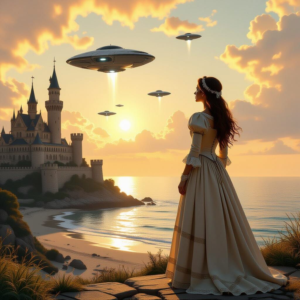Medieval Maiden Watches Spaceships Descend