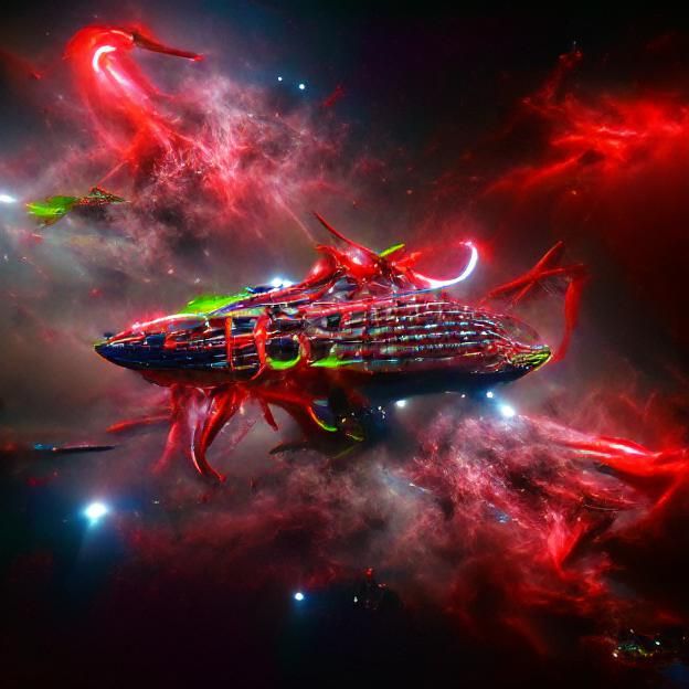 Galactic Warship Attacks Alien Octopus in Neon Space