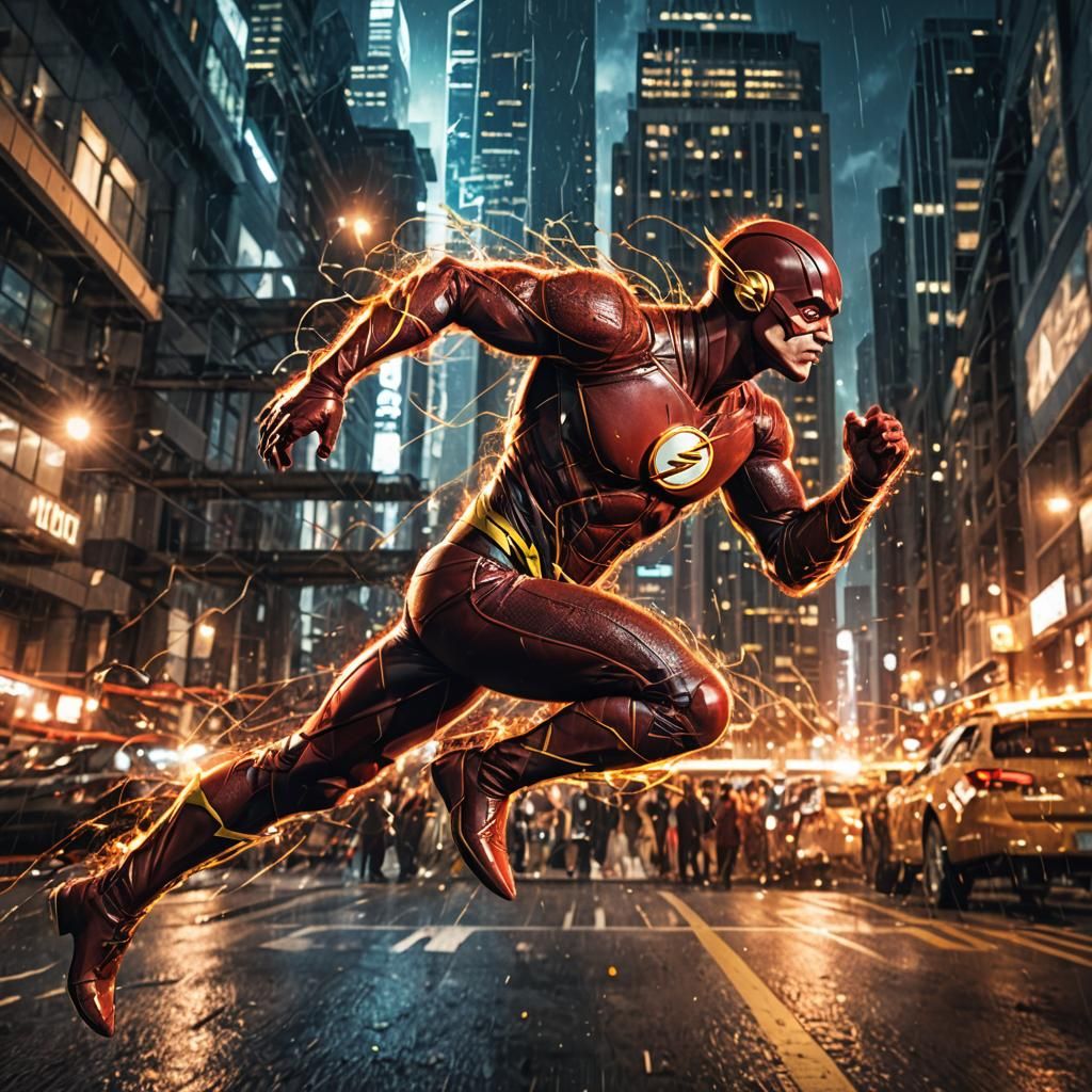 The Flash Runs Through a Neon City at Night