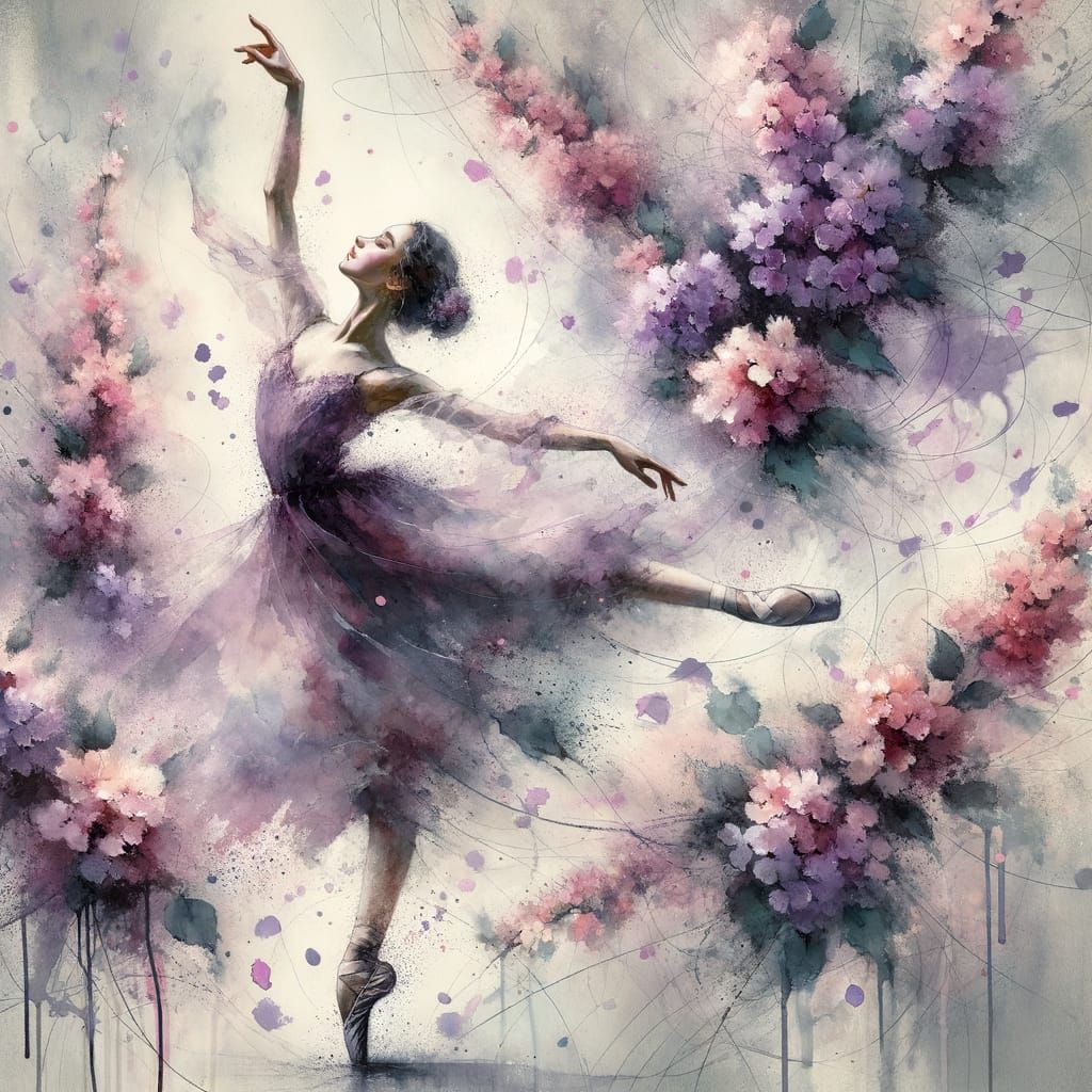Ballerina Dancing Among Lilac Flowers in Ink Splatter Art