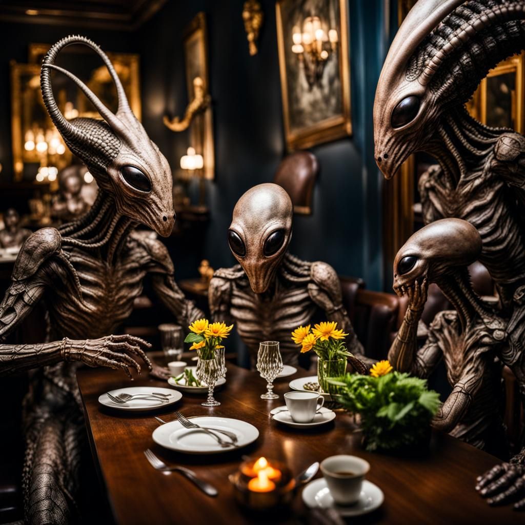 Exotic Aliens Celebrate in Surreal Restaurant