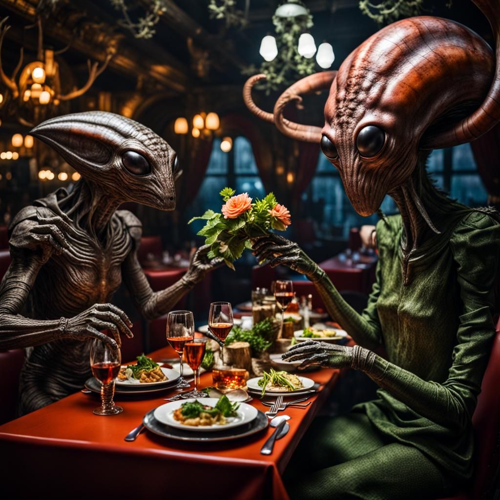 Surreal Restaurant Scene with Exotic Aliens