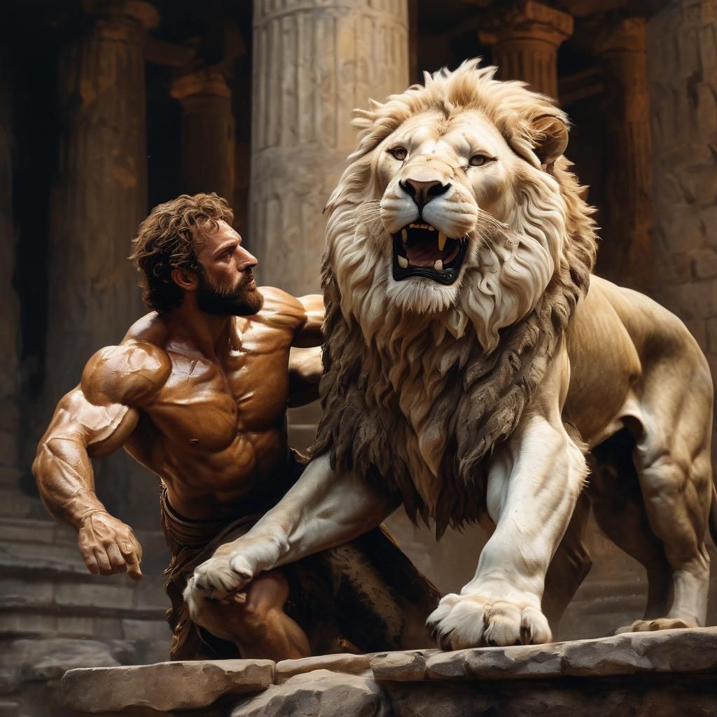 Hercules Wrestles White Lion: Oil Painting in Gurney Style
