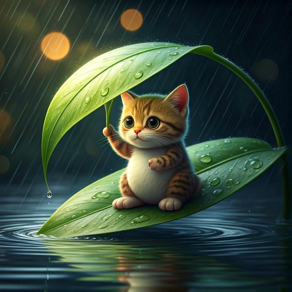Whimsical Apple-Kitty Under the Rainy Night Sky