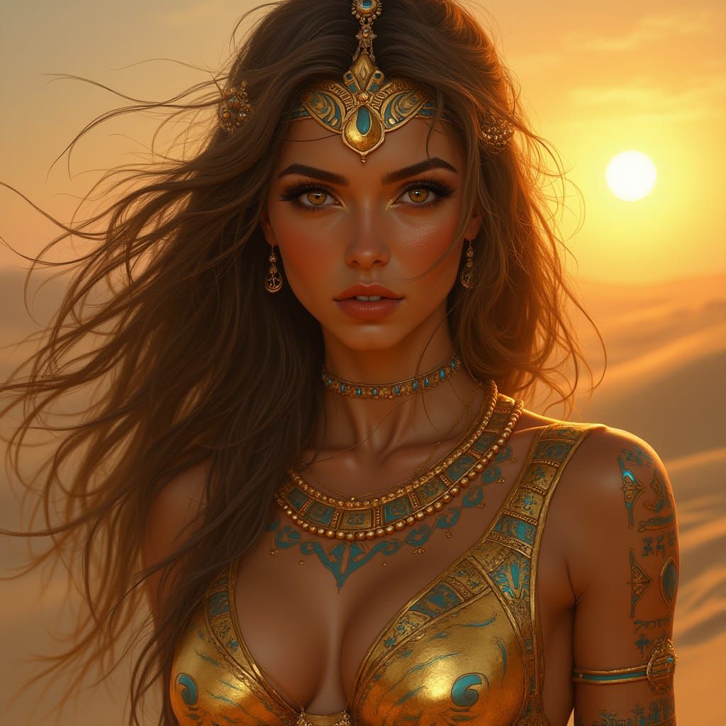Egyptian Goddess with Iridescent Hieroglyphics in Golden Lig...