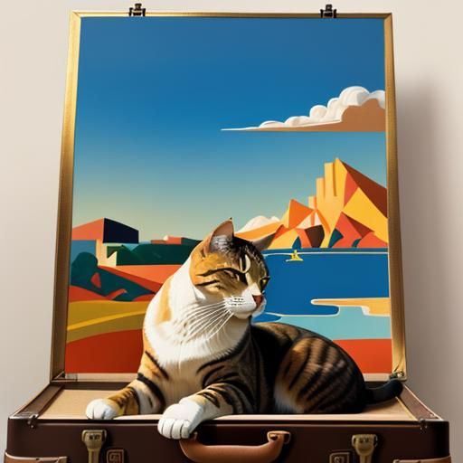 Cubist Cat Travel Poster with Abstracted Landscape