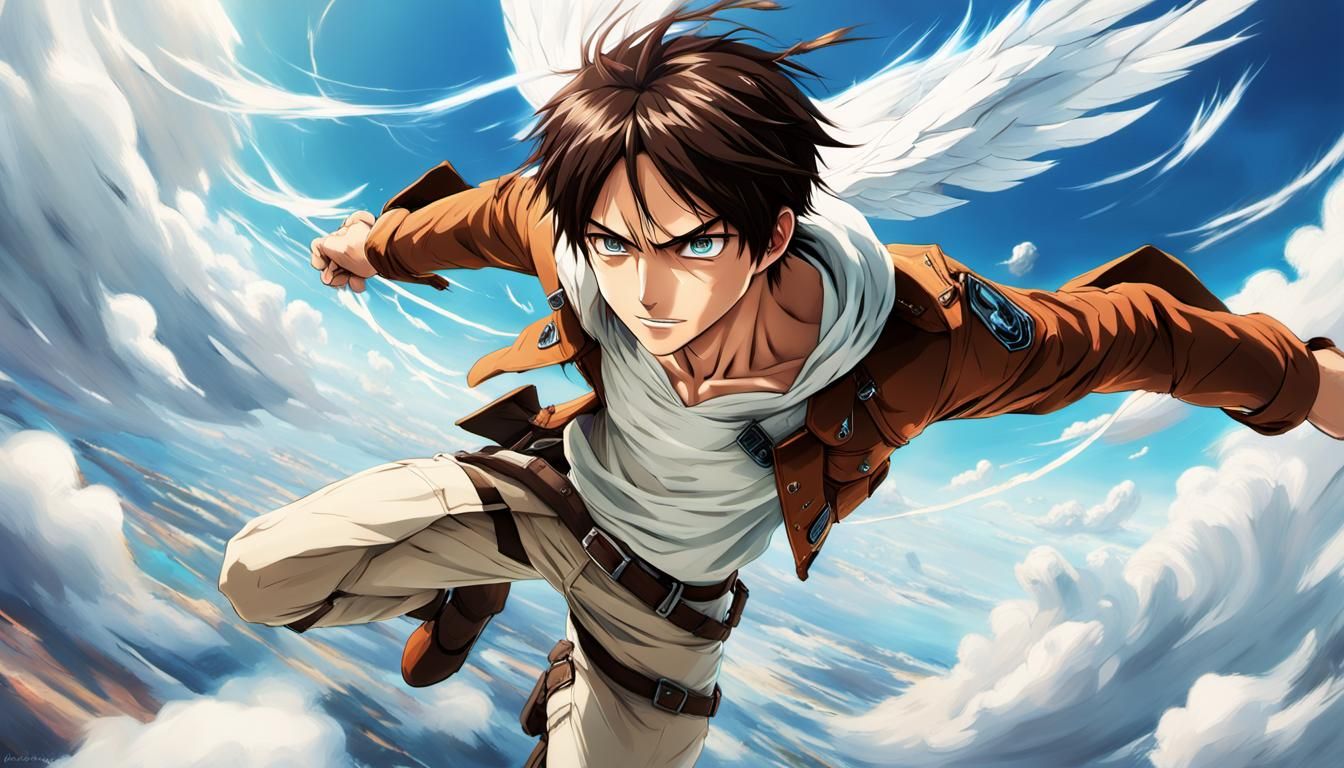 a boy eren yeager flying in the sky with freedom, wind can be seen under its wing,