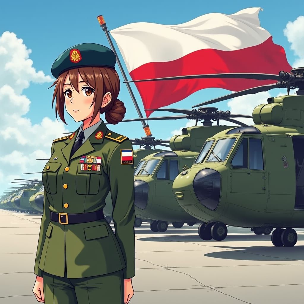 Anime-Style Polish Army Soldier with Chinook Helicopters