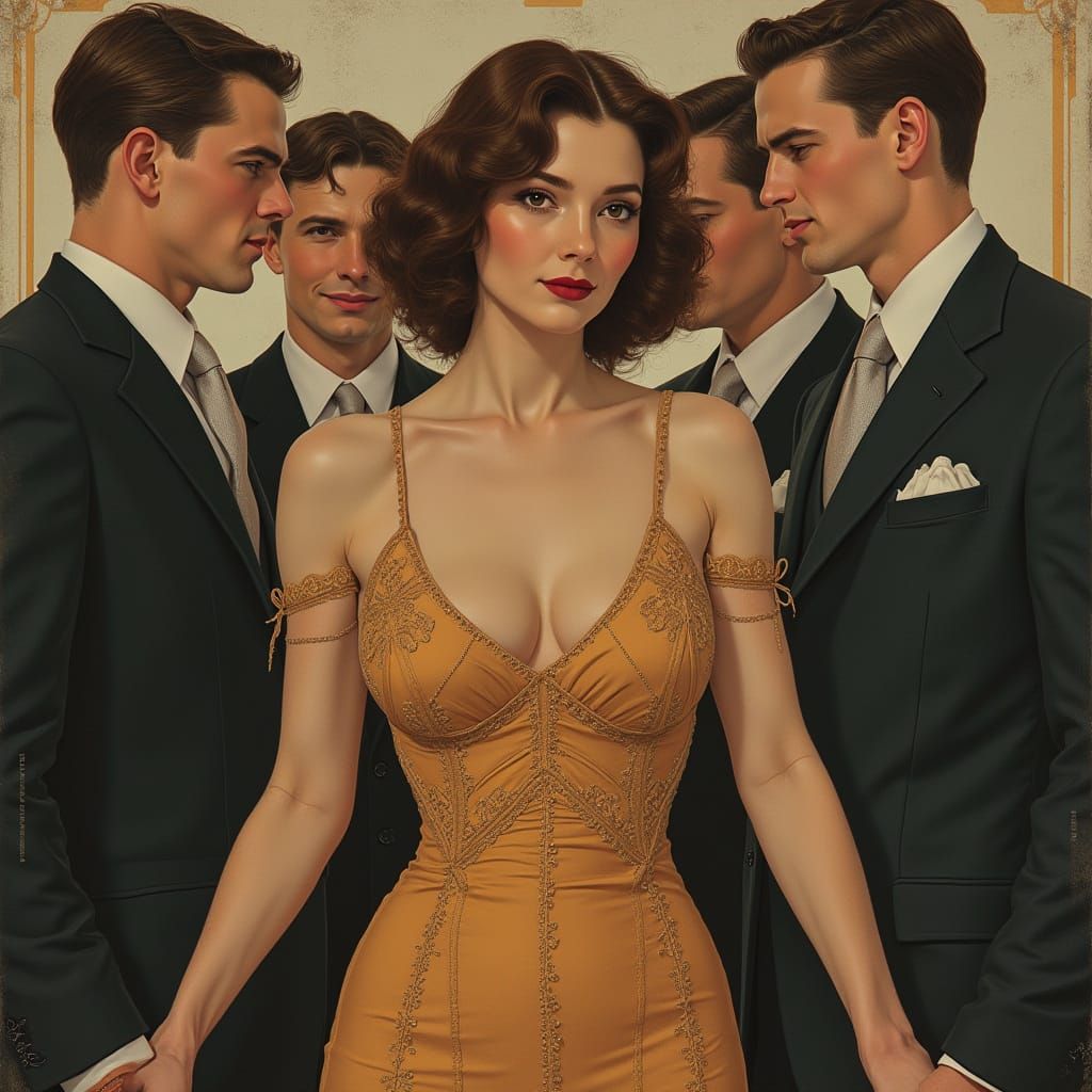 Woman Surrounded by Admirers in Art Nouveau Style