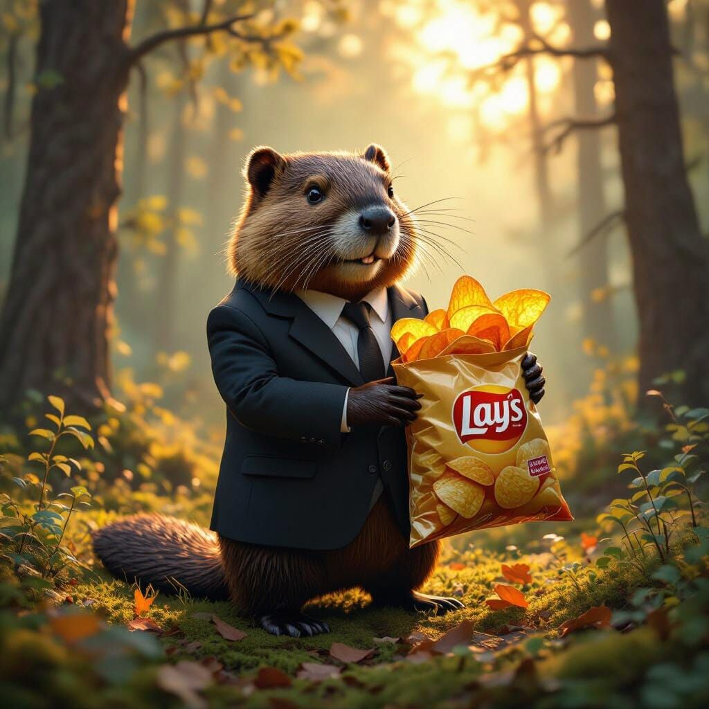 Beaver in Business Suit Advertises Lays Chips in Forest