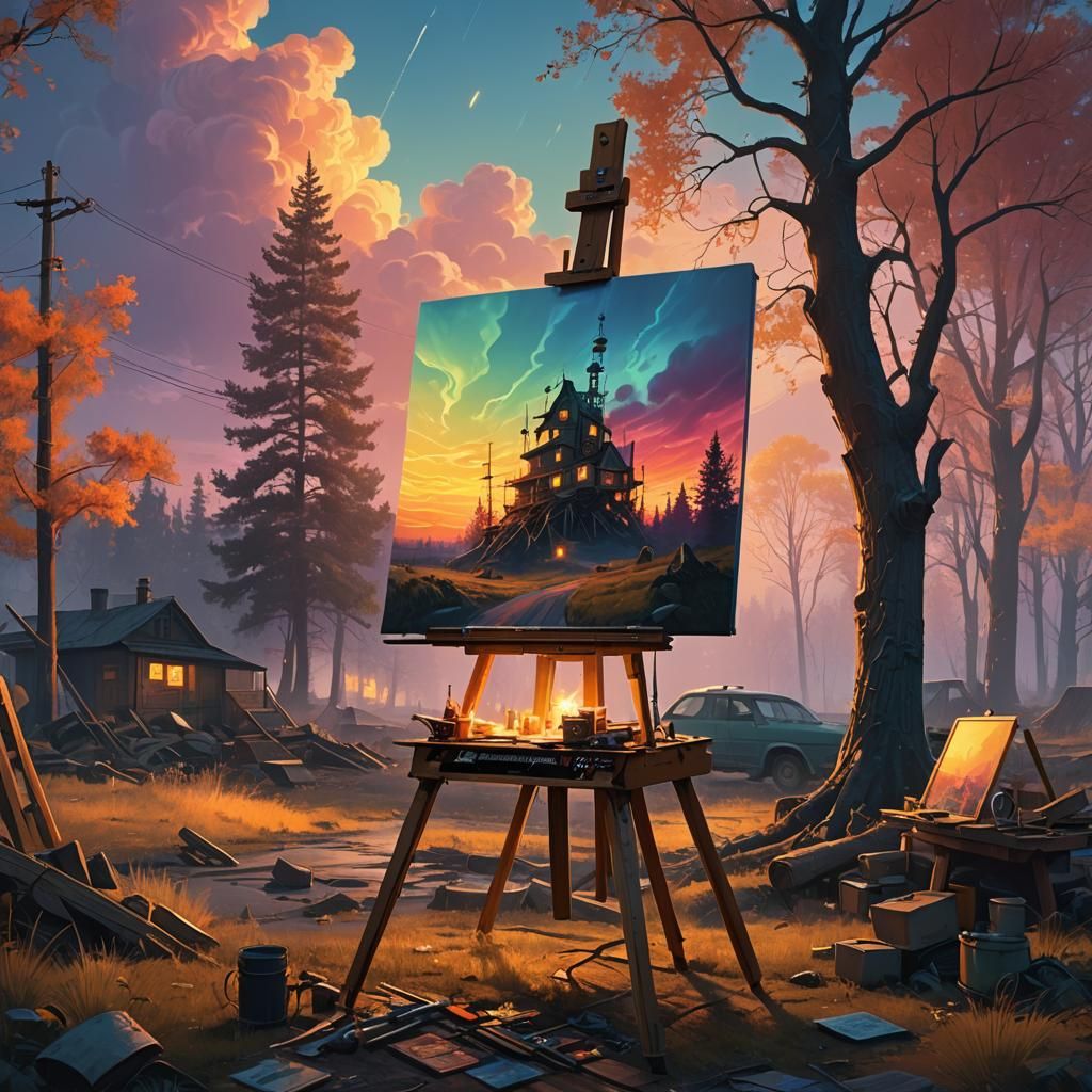 Easel with Vibrant Colors, Digital Matte Painting