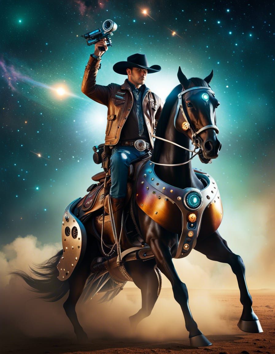 Futuristic Cowboy Rides Robotic Horse in Galaxy