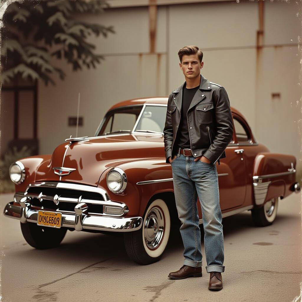 Vintage Greaser with Custom Hot Rod in Sepia Tone