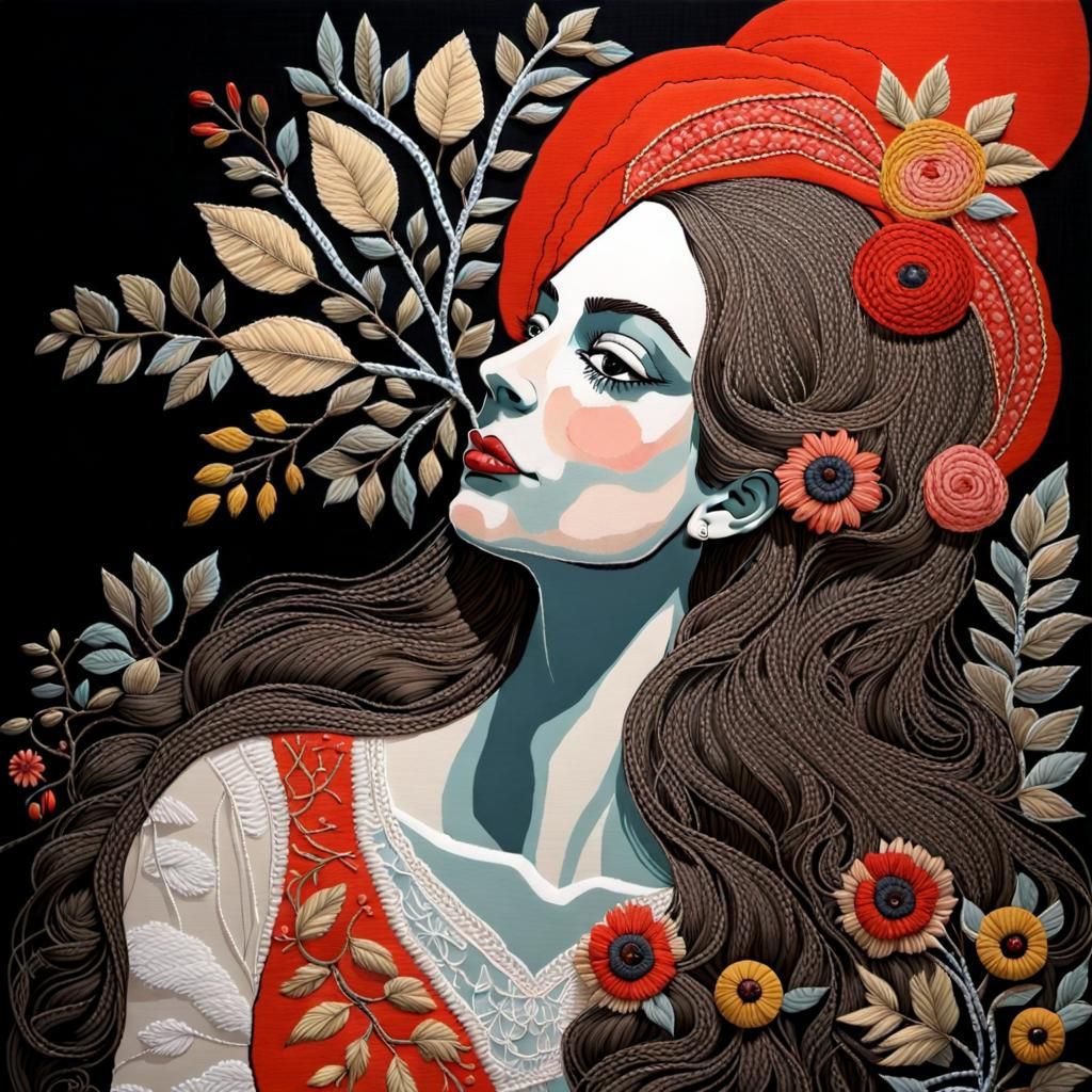 Intricate Folk Art Portrait with Textile Details