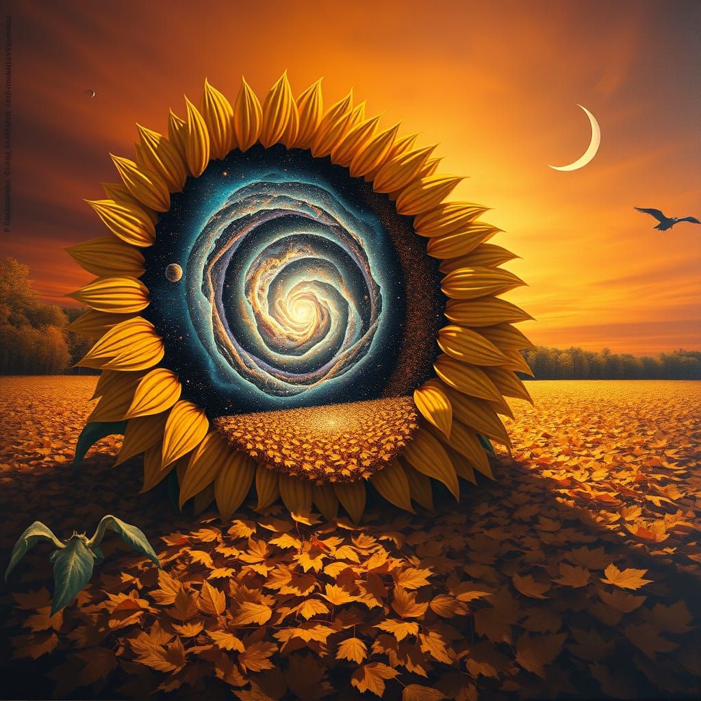Surreal Giant Sunflower Galaxy in Autumn Landscape Oil Paint...